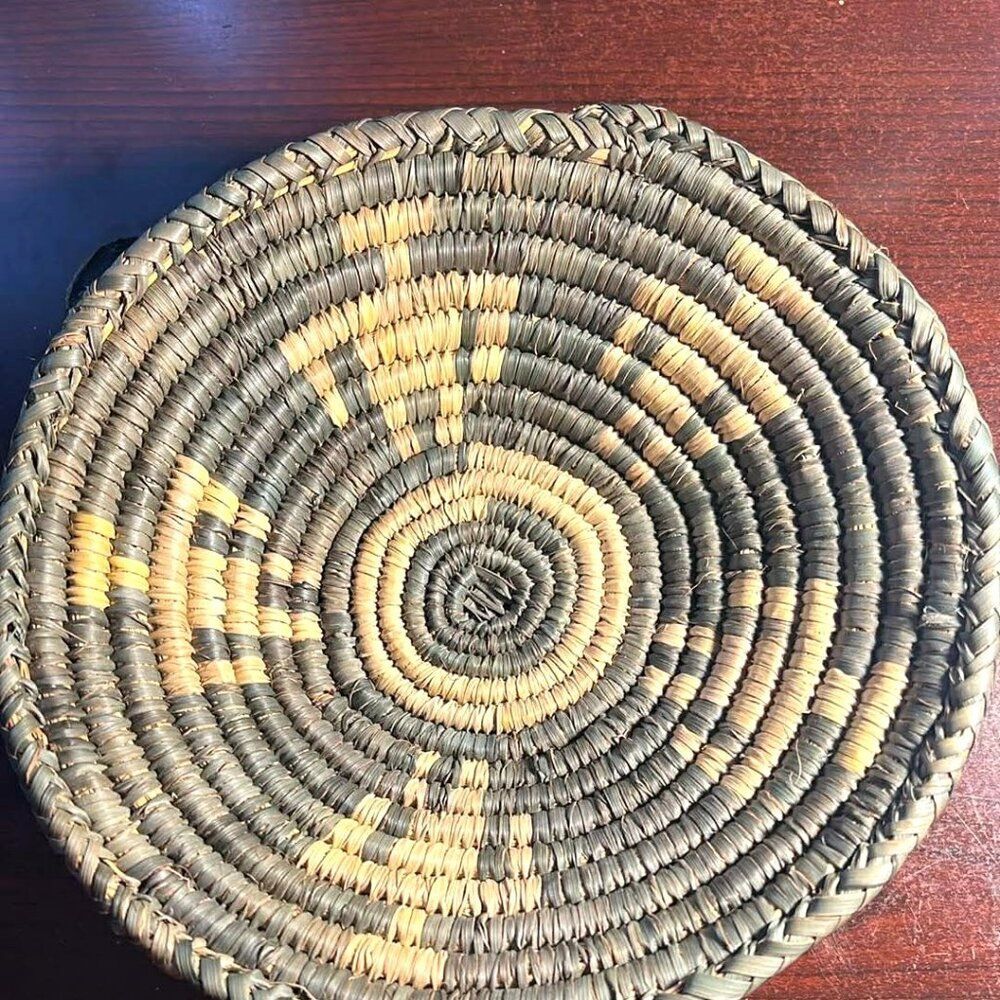 Vintage Hand-Coiled Native American Basket Tray, Southwestern Geometric Design,